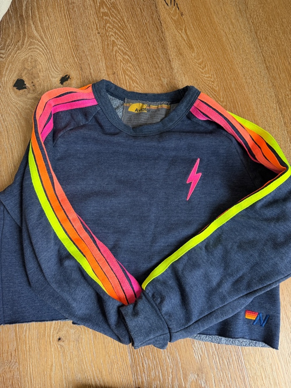 Aviator Nation Kids Navy Pullover with Neon Pink, Orange & Yellow Stripes